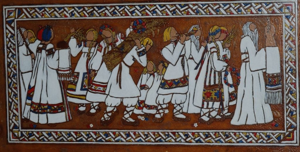 “Autumnal Procession in Ancient Russia,” c.1929-30, oil on etched shellac-coated glass, Heckscher Museum of Art.