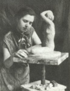 Slobodkina working on a sculpture at the National Academy of Design, ca. 1928-33.