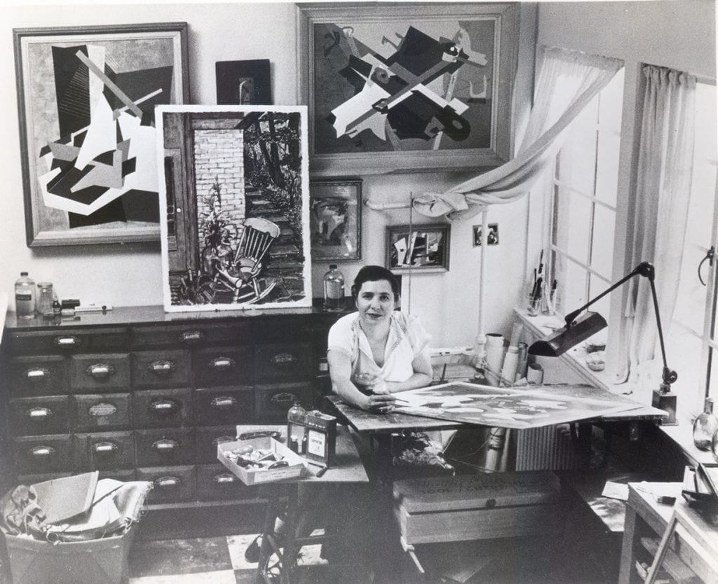 Slobodkina at work in her studio, Great Neck, New York, ca. 1950