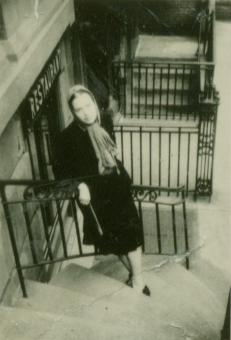 Slobodkina standing outside her 60th street apartment in Manhattan, ca. 1938.