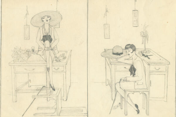 Drawing of Woman waiting, 2 frames