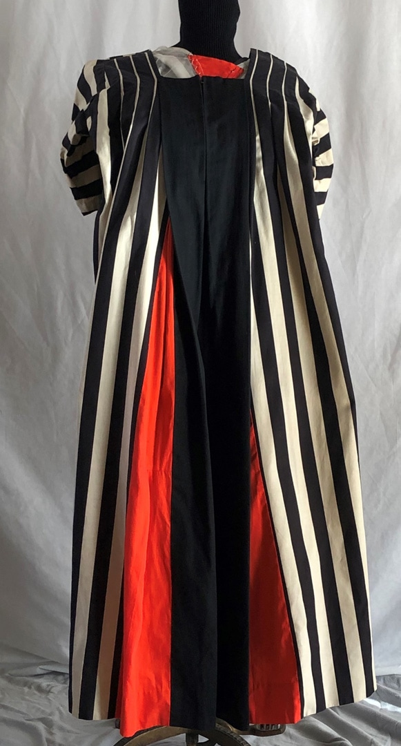 black and white striped cotton evening muumuu with red trim