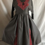 three-quarter length evening gown, gray with red trim