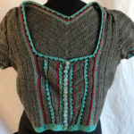 Crocheted pullover sweater, teal detail on dark gray