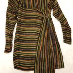 Striped brocade, slim three-quarter-length dress.