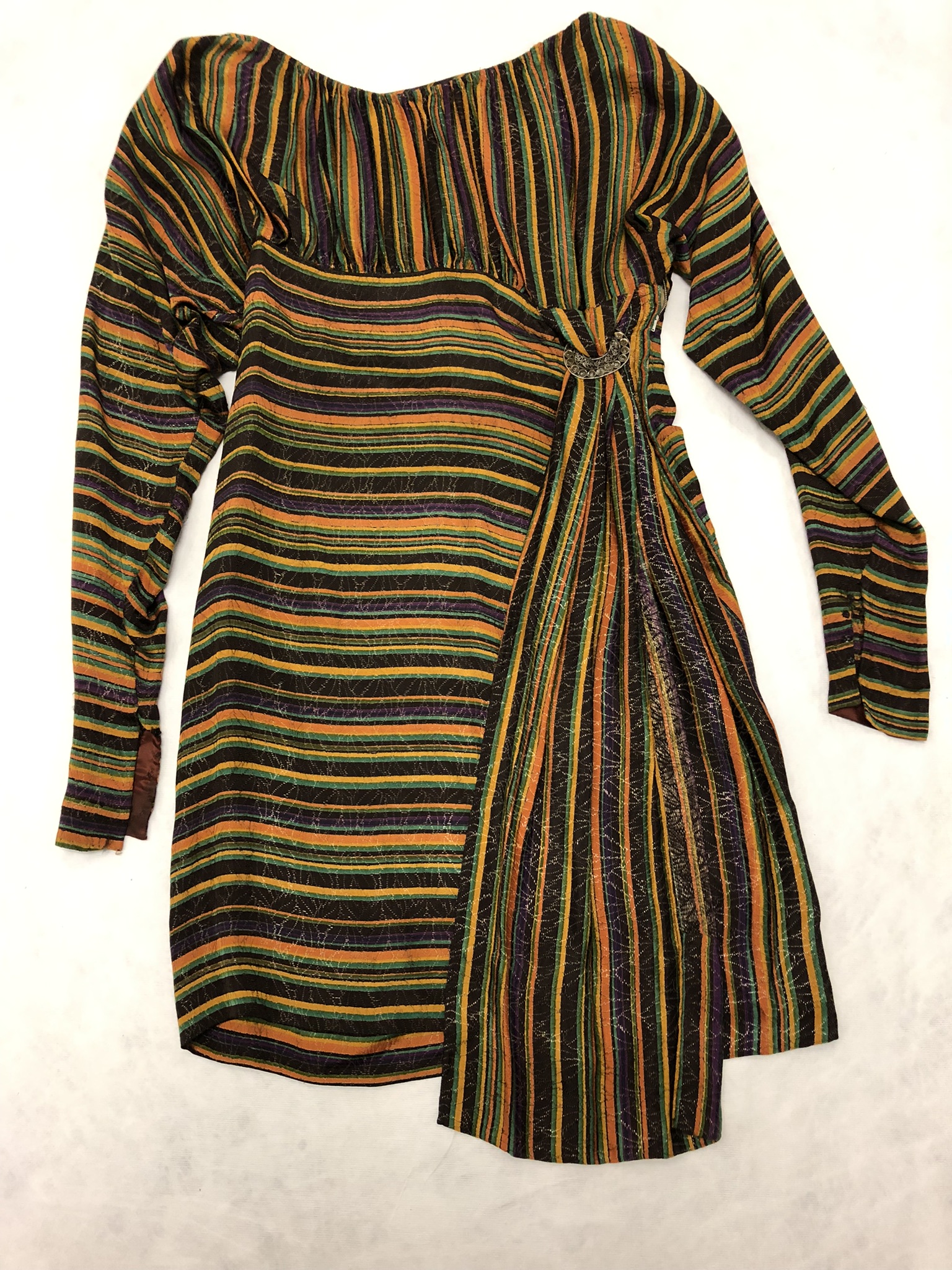 Striped brocade, slim three-quarter-length dress.